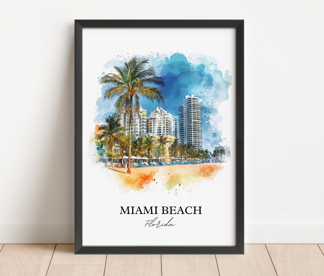 Miami Beach Florida Watercolor Palm Skyline Beach Scene Poster - Image 4