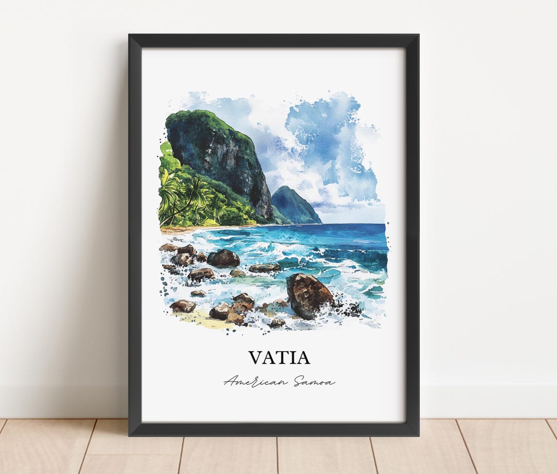 Vatia American Samoa Rocky Shoreline Sea Cliffs Watercolor Poster - Image 3