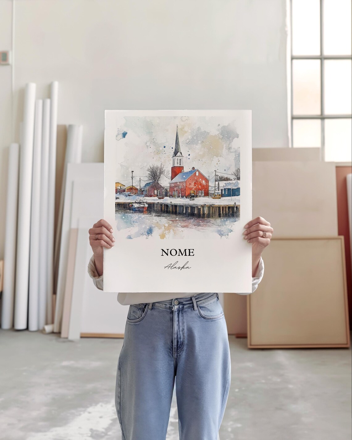 Nome Alaska Winter Harbor Red Church Snow Scene Watercolor Poster - Image 3