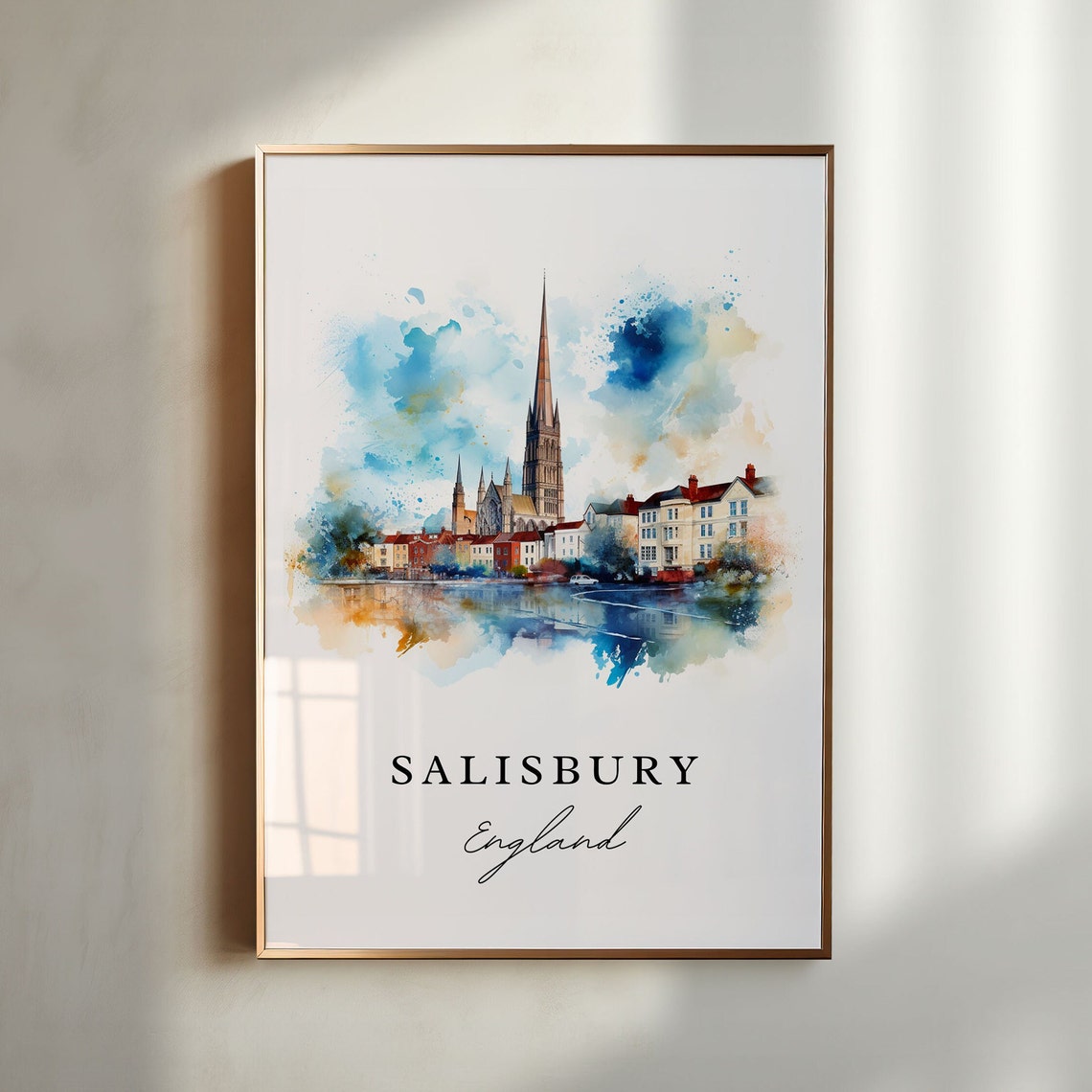 Salisbury England Cathedral Spire Watercolor City Travel Poster