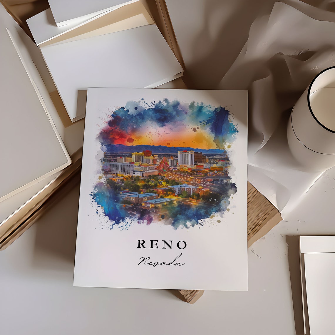 Reno Nevada Sunset Downtown Skyline Watercolor Travel Poster - Image 6