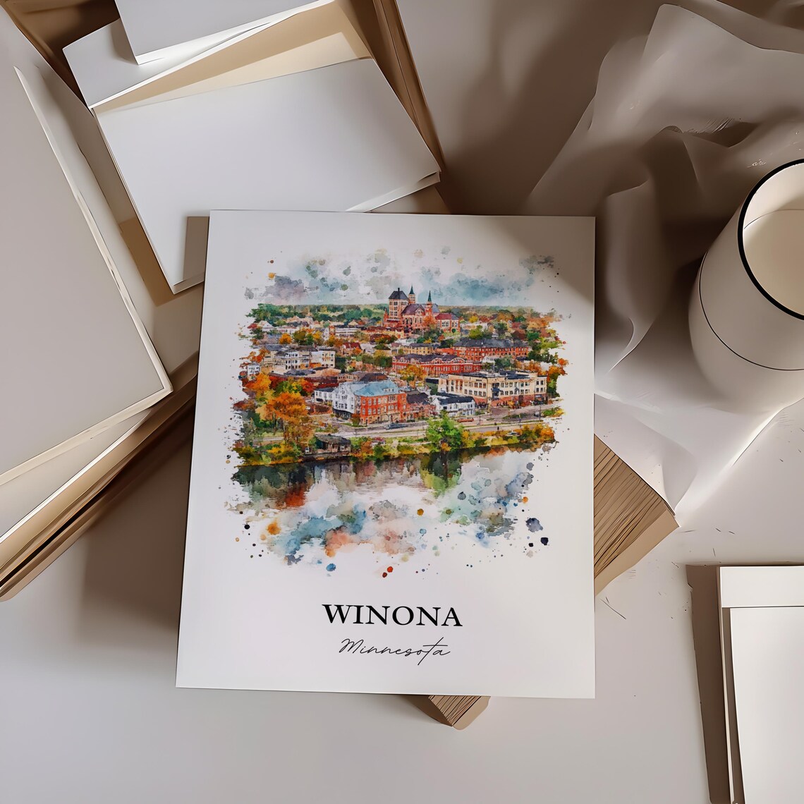 Winona Minnesota Riverfront Cityscape Watercolor Travel Gift Poster - Image 2