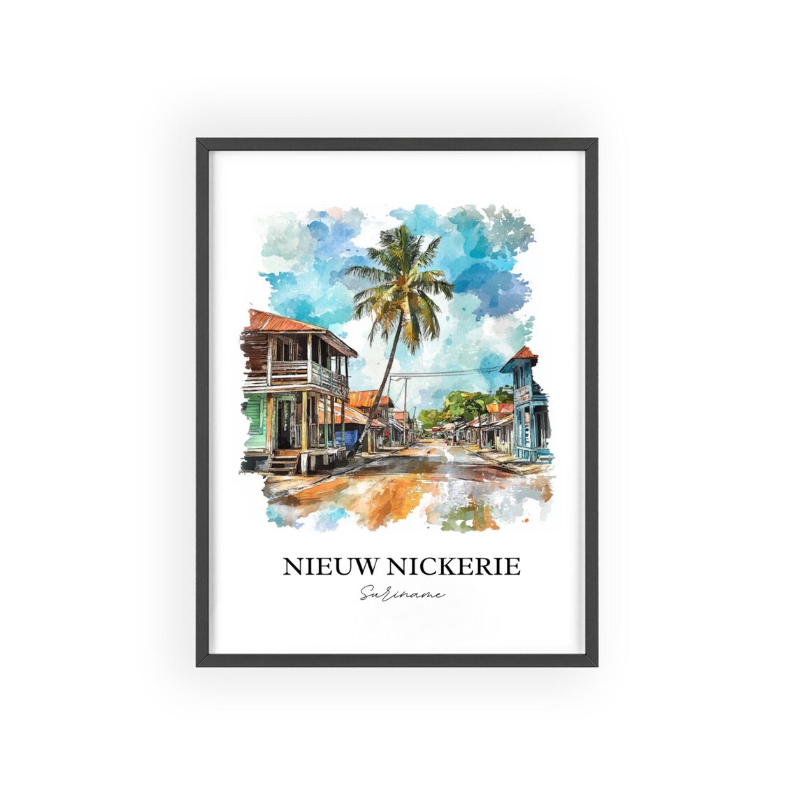 Nieuw Nickerie Suriname Watercolor Palm Lined Street Scene Poster - Image 2