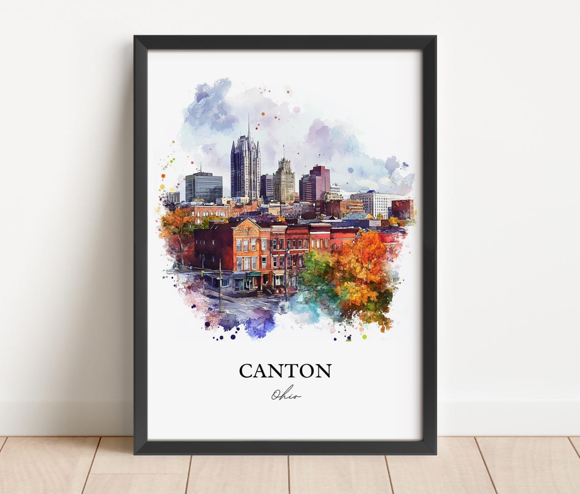 Canton Ohio Watercolor Fall Downtown City Skyline Scene Poster - Image 5