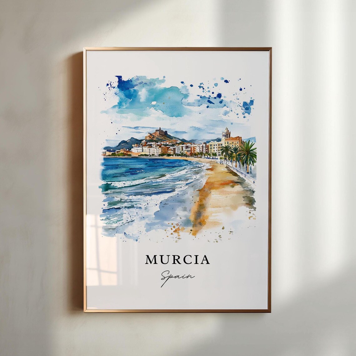 Murcia Spain Watercolor Sunny Beach Promenade Scene Travel Poster
