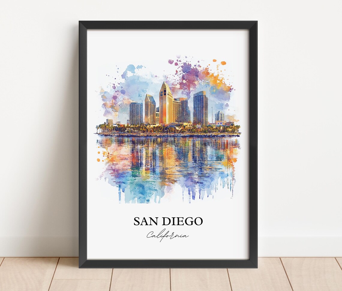 San Diego California Skyline Palm Trees Watercolor Travel Poster - Image 3