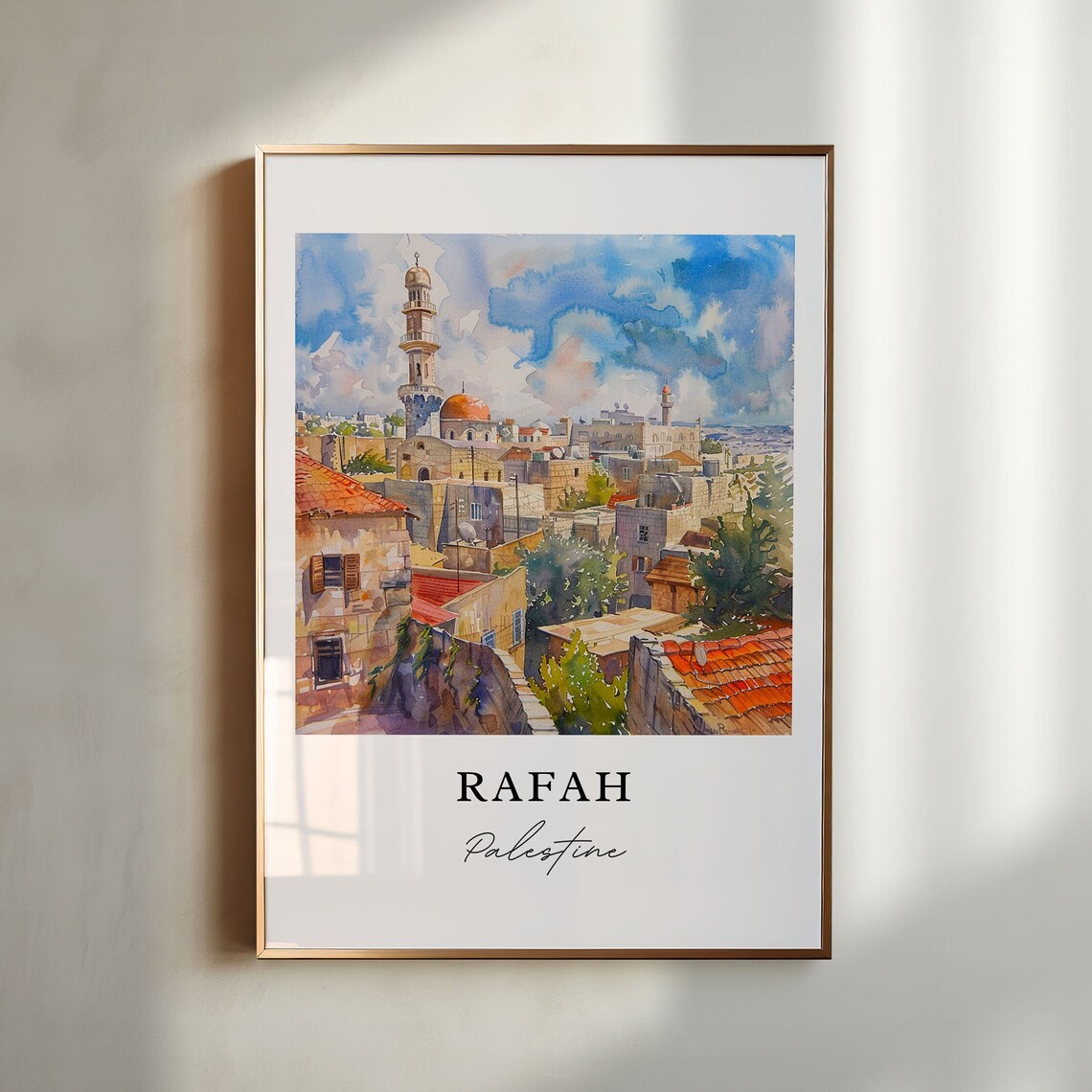 Rafah Palestine Watercolor Old City Mosque Minaret Travel Poster