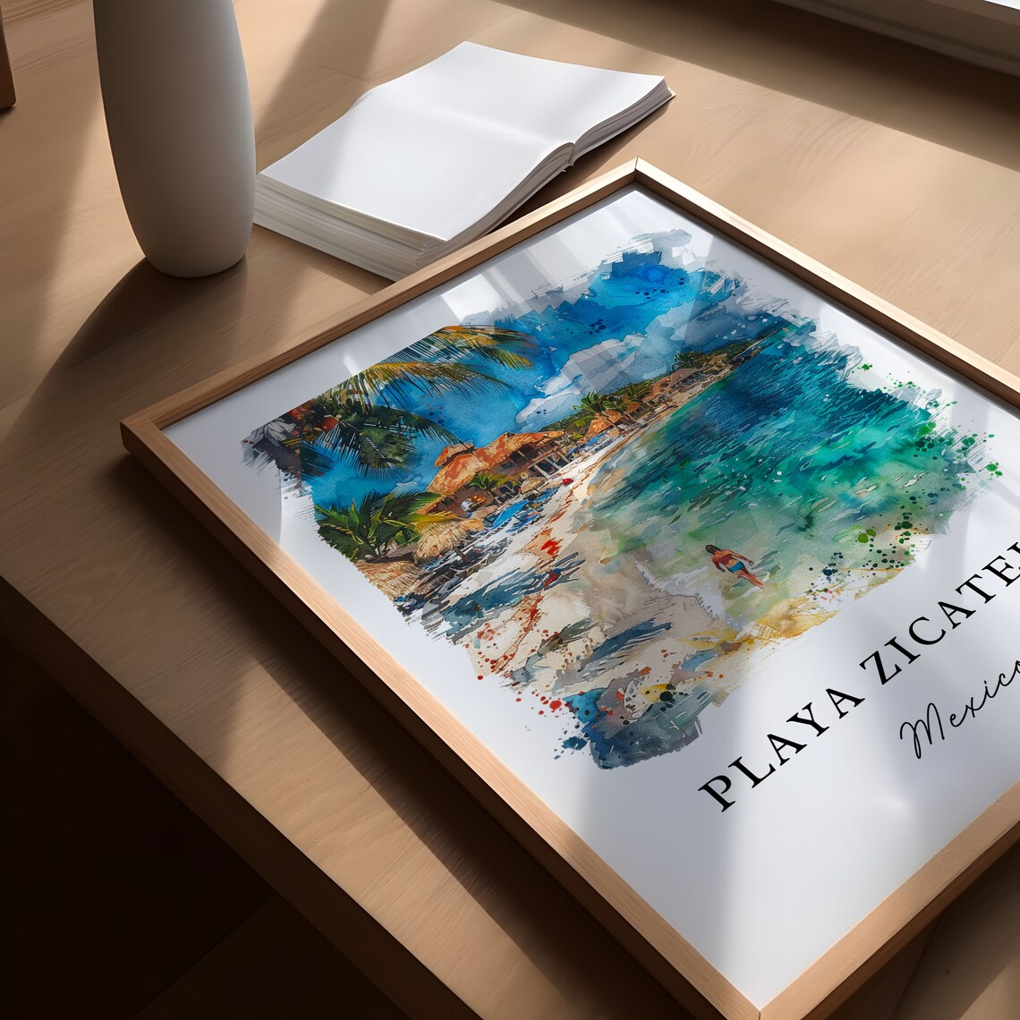Playa Zicatela Mexico Watercolor Surf Beach Palapas Turquoise Poster - Image 4