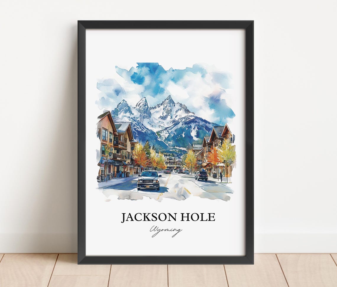 Jackson Hole Wyoming Watercolor Mountain Main Street Scene Poster - Image 4