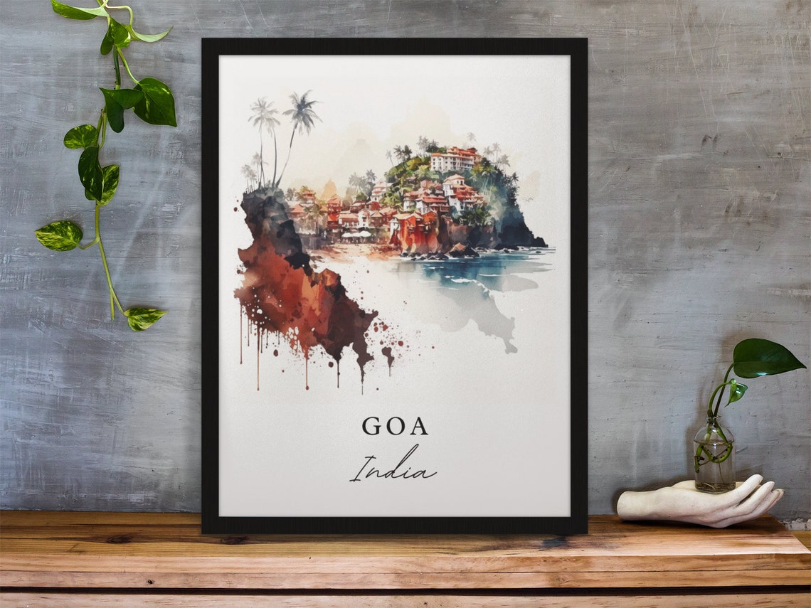 Goa India Watercolor Coastal Town Red Cliffs Palm Trees Travel Poster