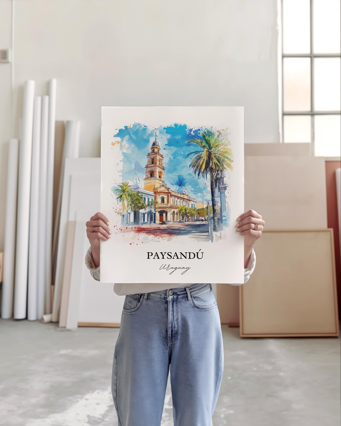 Paysandu Uruguay Watercolor Bell Tower Palm Trees Plaza Poster - Image 2