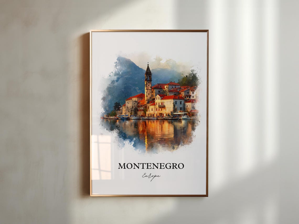 Montenegro Bay Town Red Roofs Watercolor Europe Travel Poster - Image 6