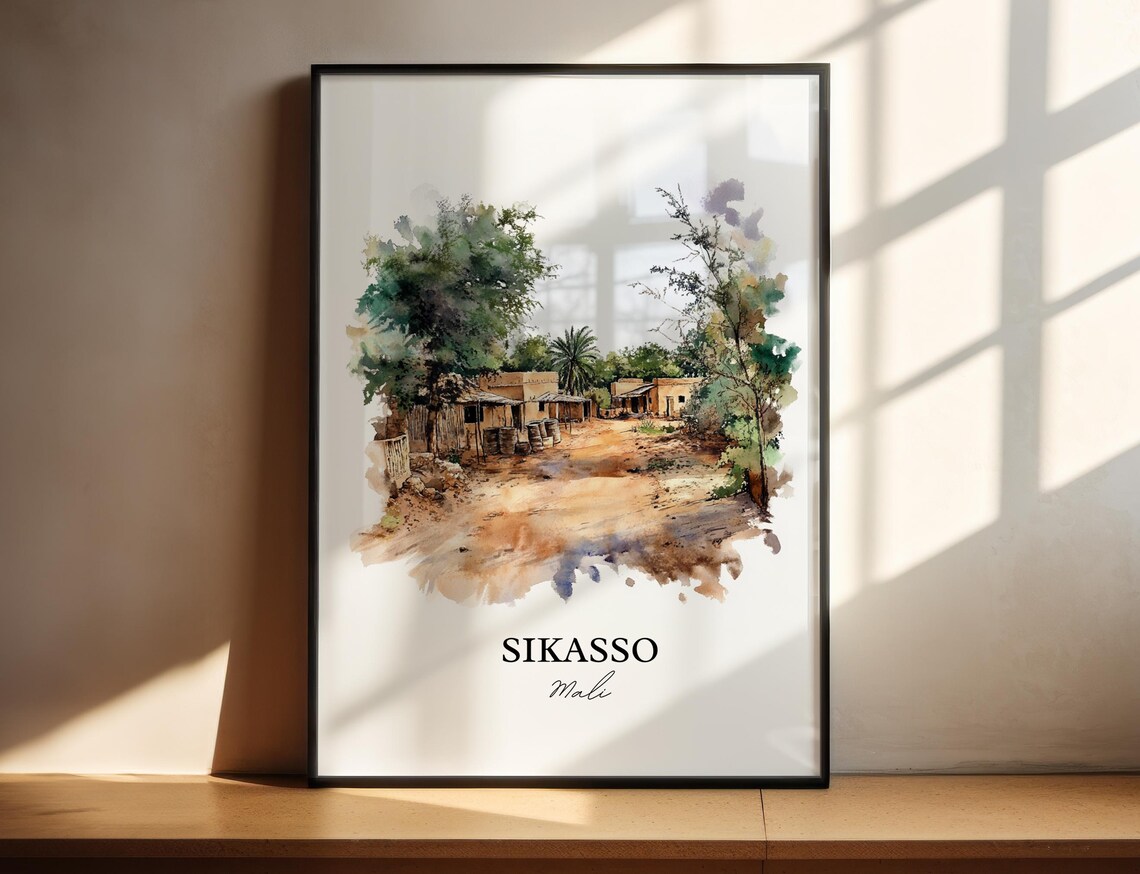 Sikasso Mali Rural Village Watercolor Street Scene Art Poster