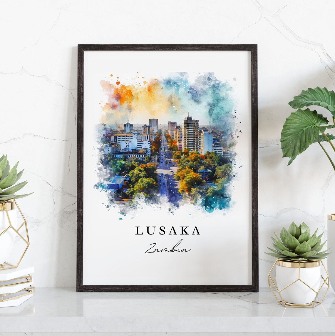 Lusaka Zambia African Watercolor City Skyline Boulevard Poster - Image 4