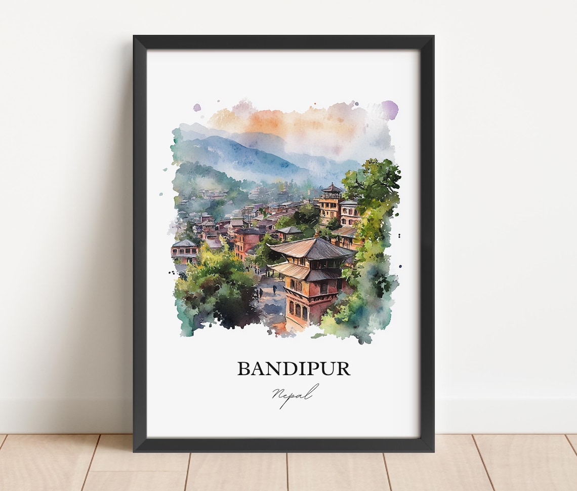 Bandipur Nepal Watercolor Charming Hill Town Pagoda Travel Poster - Image 3