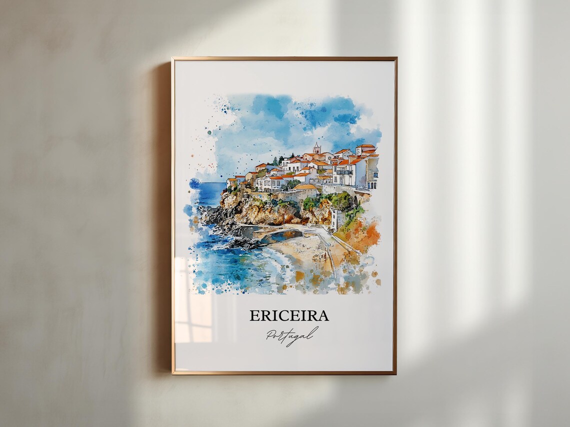 Ericeira Portugal Cliffside Fishing Village Watercolor Travel Poster - Image 4