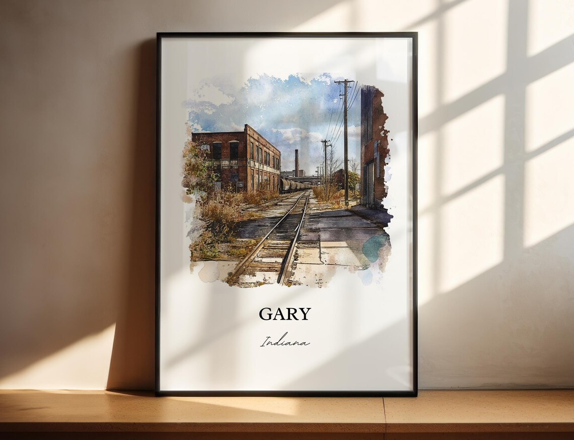Gary Indiana Watercolor Railroad Tracks Industrial Scene Poster