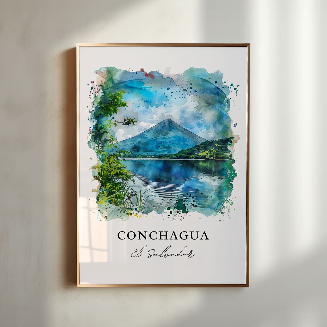 Conchagua El Salvador Scenic Volcano Lake Watercolor Travel Poster