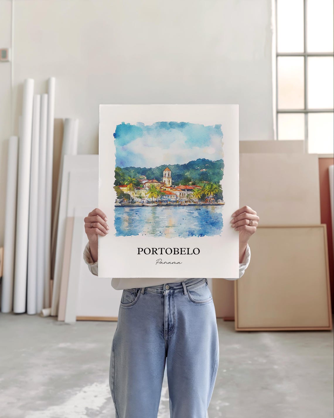 Portobelo Panama Watercolor Waterfront Church Town Travel Poster - Image 4