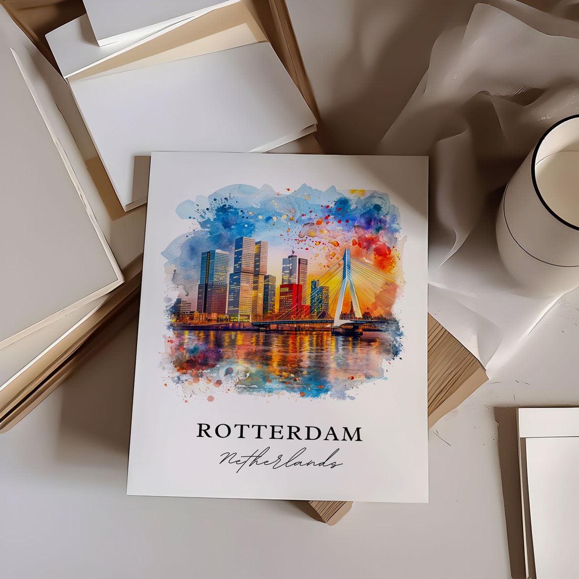 Rotterdam Netherlands Erasmus Bridge Skyline Watercolor Poster - Image 6
