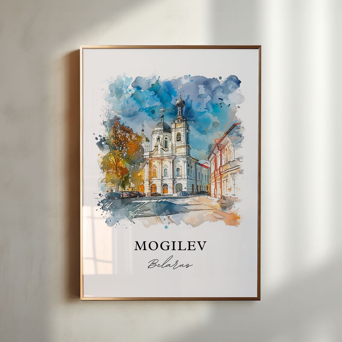 Mogilev Belarus Watercolor Cathedral Old Town Street Scene Poster