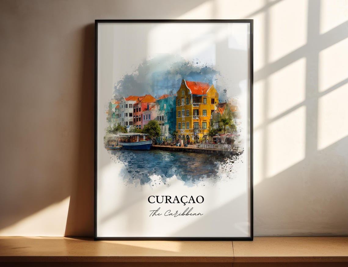 Curacao Watercolor Caribbean Harbor Pastel Facades Travel Poster