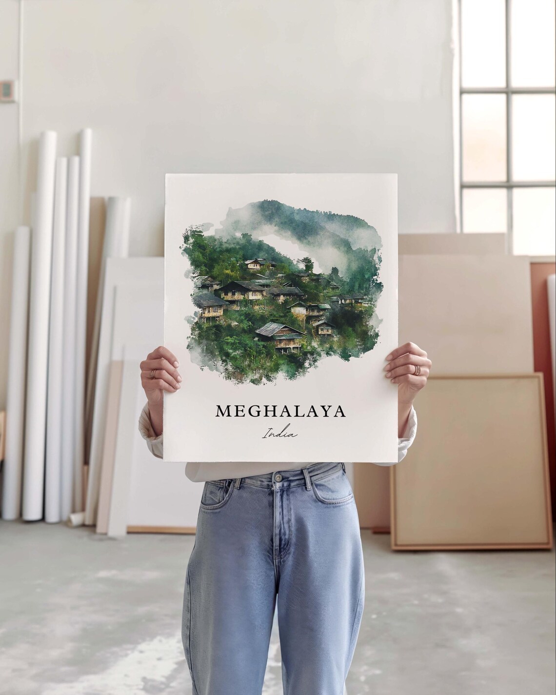 Meghalaya India Misty Mountain Village Green Hills Watercolor Poster - Image 3