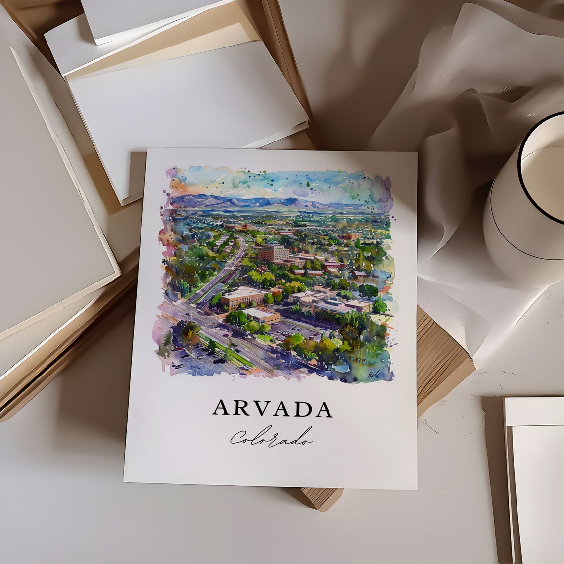 Arvada Colorado Watercolor Aerial City Mountain View Scene Poster - Image 6