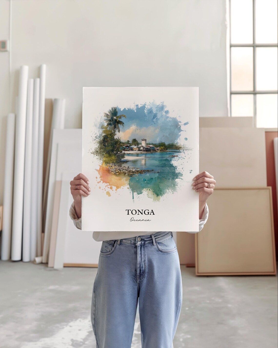 Tonga Oceania Turquoise Bay Village Watercolor Island Art Poster - Image 5