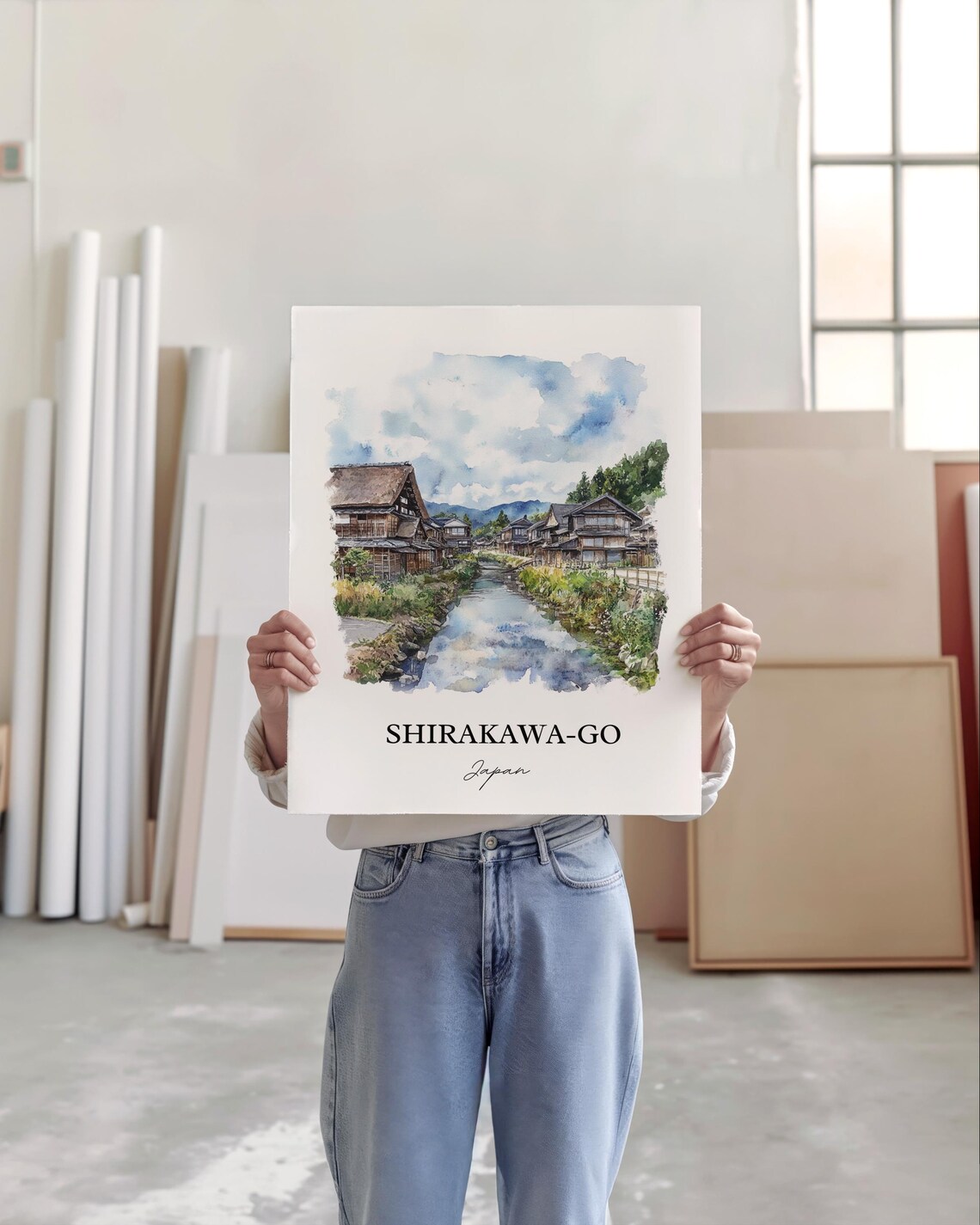 Shirakawa-go Japan Watercolor Thatched Village Canal Scene Poster - Image 2