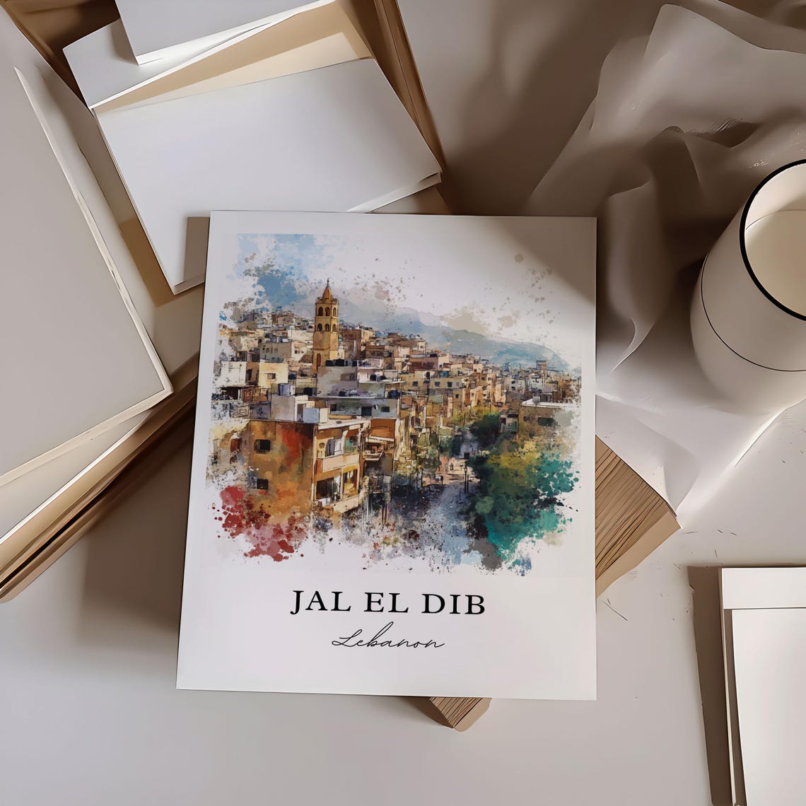 Jal El Dib Lebanon Hillside Town Bell Tower Mediterranean View Poster - Image 2
