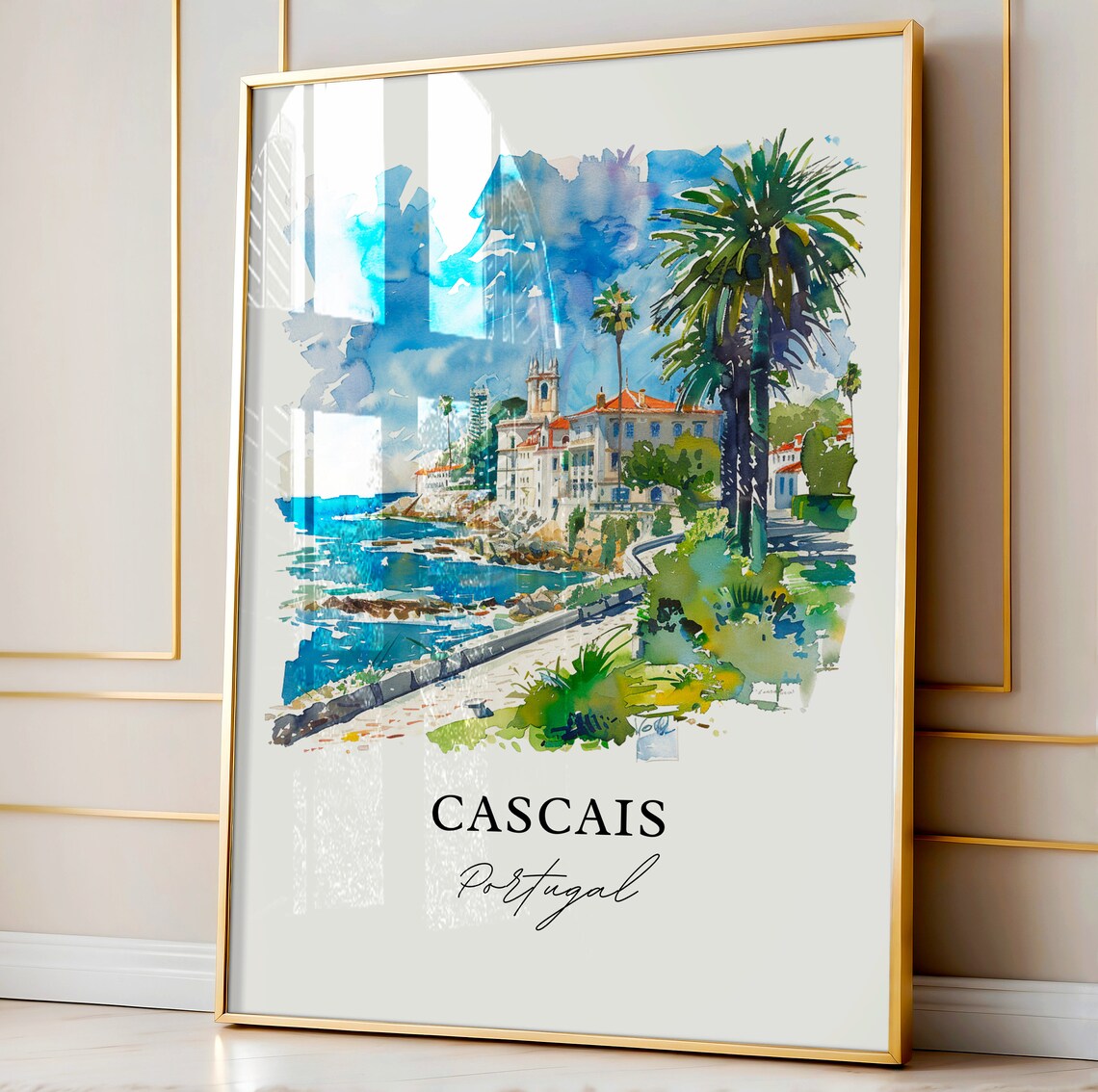 Cascais Portugal Palm Coast Promenade Watercolor Seaside Poster - Image 4