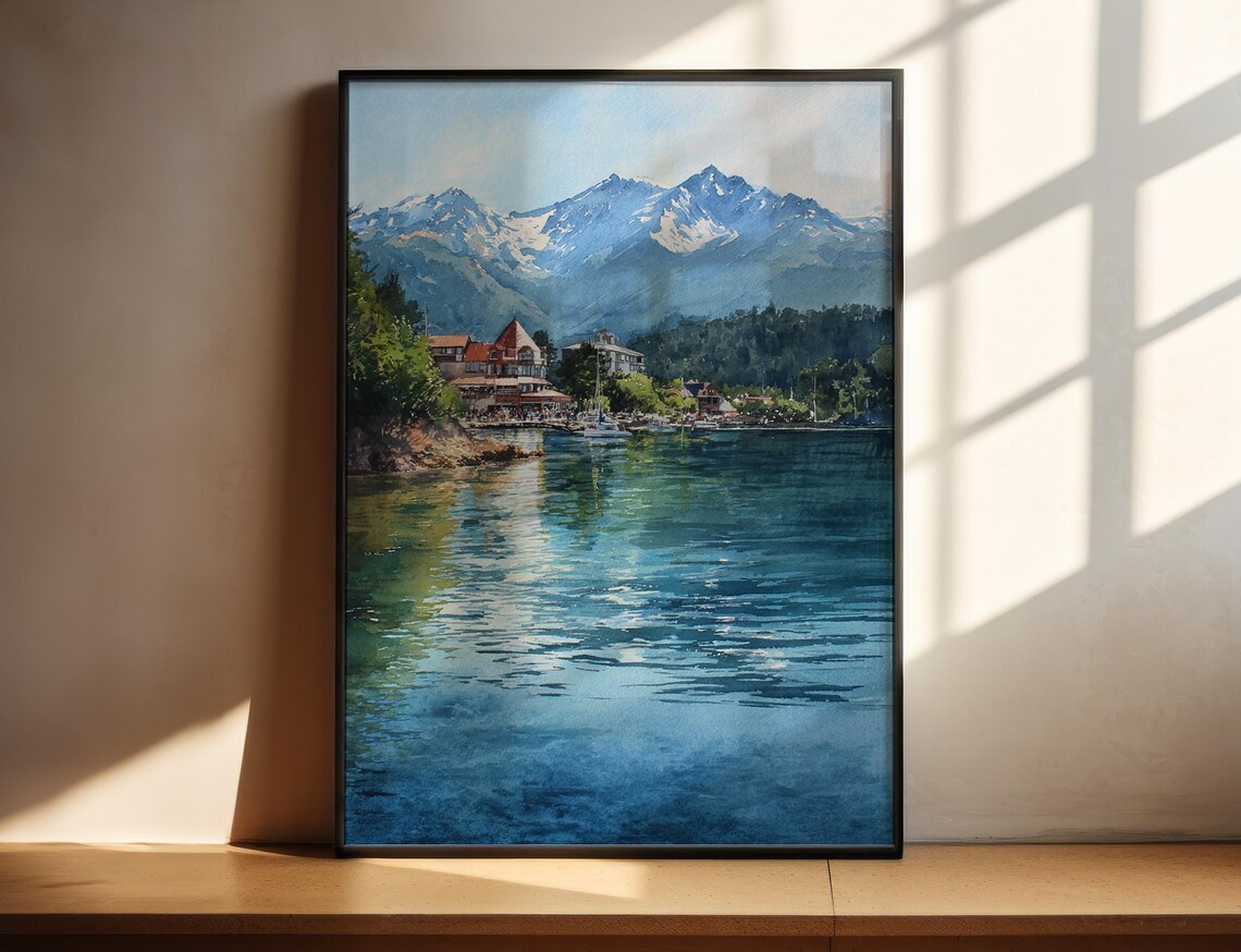Bariloche Lakeside Mountain Watercolor Poster with Snowy Andes Peaks View