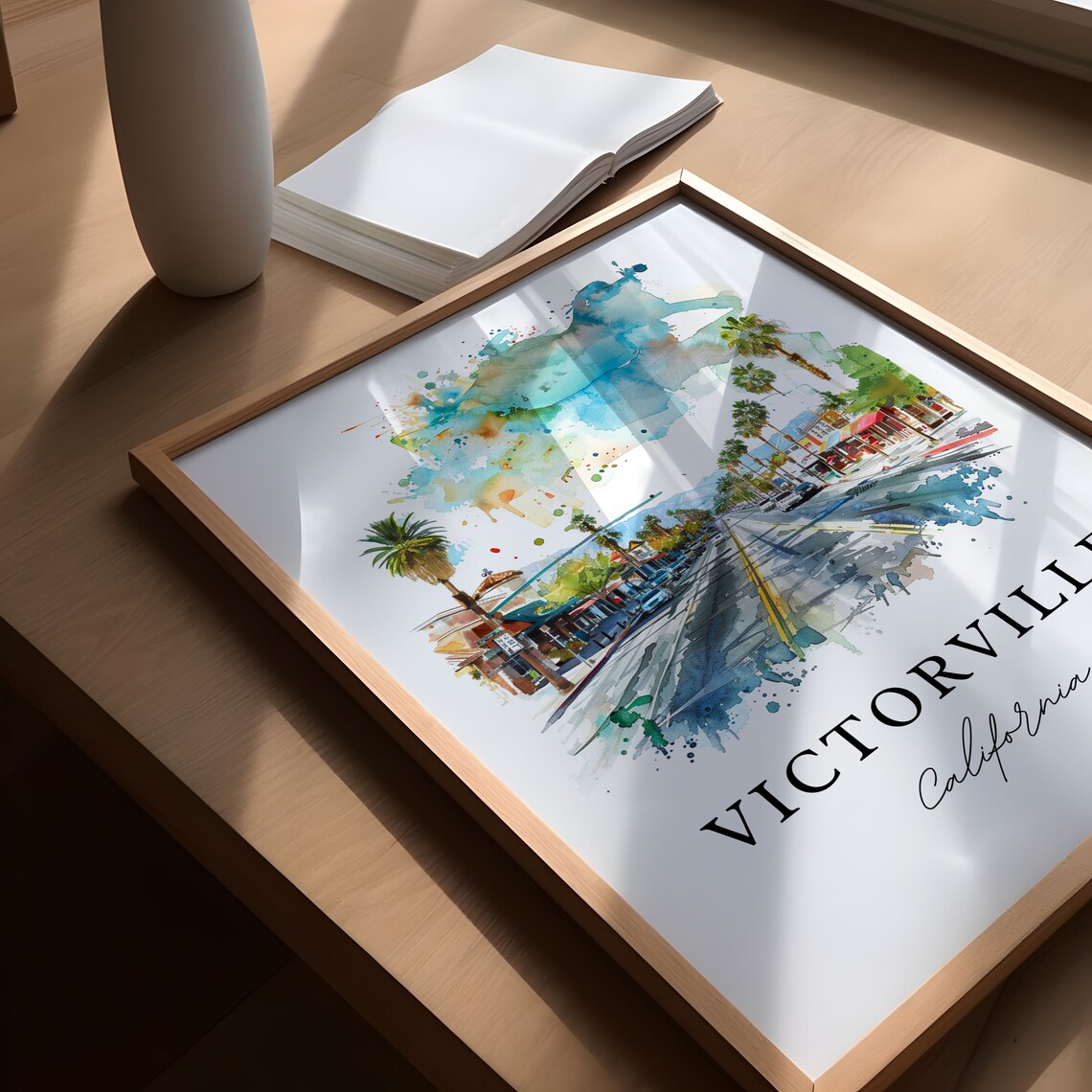 Victorville California Watercolor Main Street Palm Trees Poster - Image 5