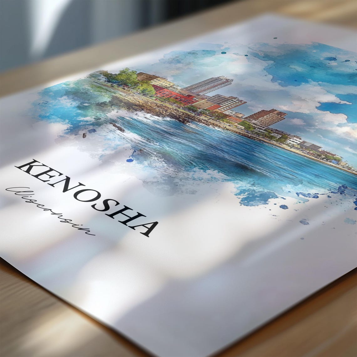 Kenosha Wisconsin Watercolor Lakefront Skyline Blue Waves Poster - Image 6