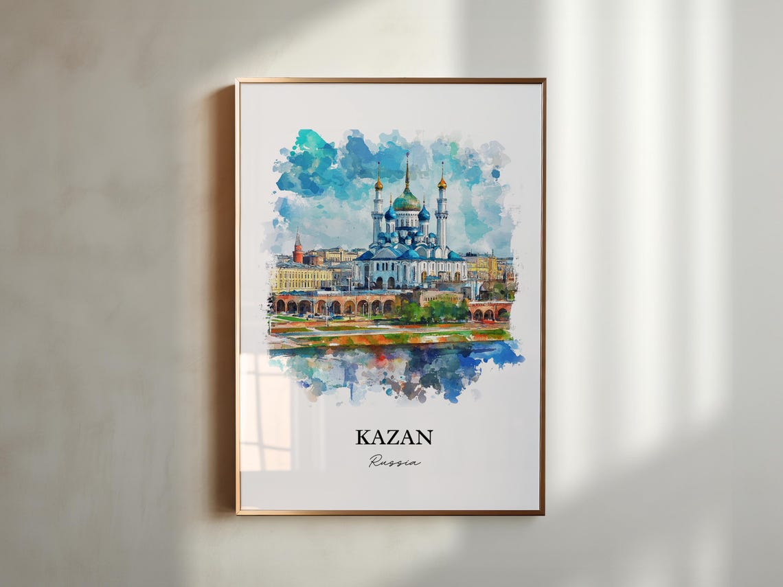 Kazan Russia Watercolor Mosque Minarets River View Travel Poster - Image 4