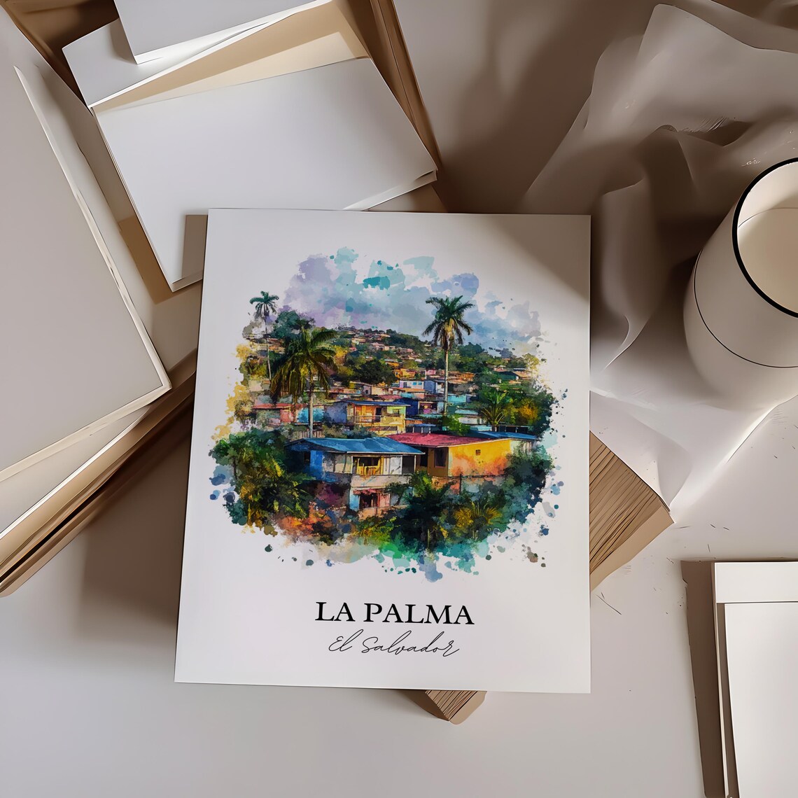 La Palma El Salvador Colorful Hillside Houses Watercolor Poster - Image 2