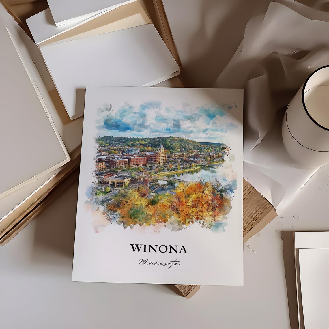 Winona Minnesota River Town Autumn Bluffs Watercolor Art Poster - Image 4