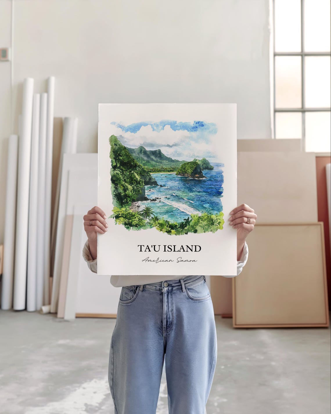 Ta'u Island American Samoa Dramatic Cliffs Cove Watercolor Poster - Image 4