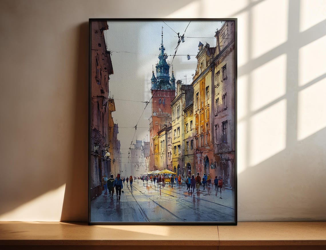 Krakow Poland Watercolor Art Travel Print Artwork Skyline Decor Wall