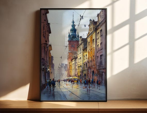 Krakow Poland Watercolor Art Travel Print Artwork Skyline Decor Wall