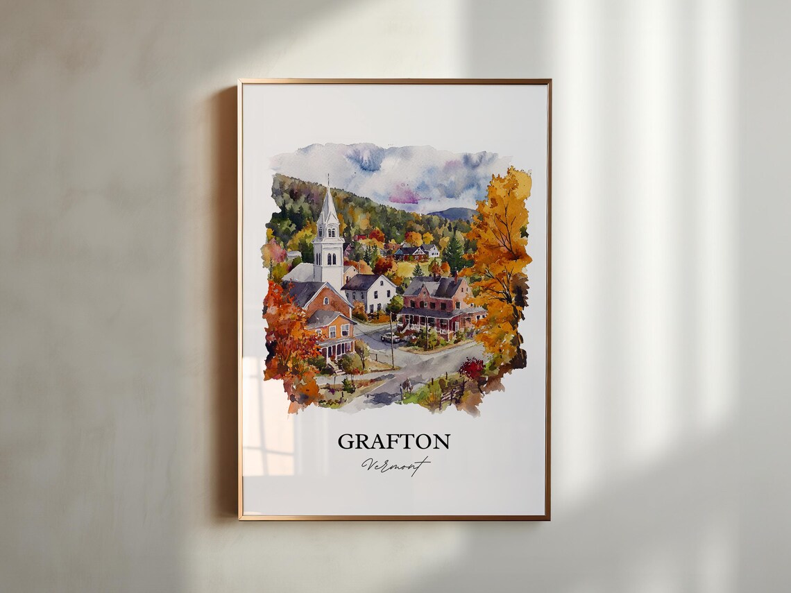 Grafton Vermont Village Church Autumn Foliage Watercolor Travel Poster - Image 5