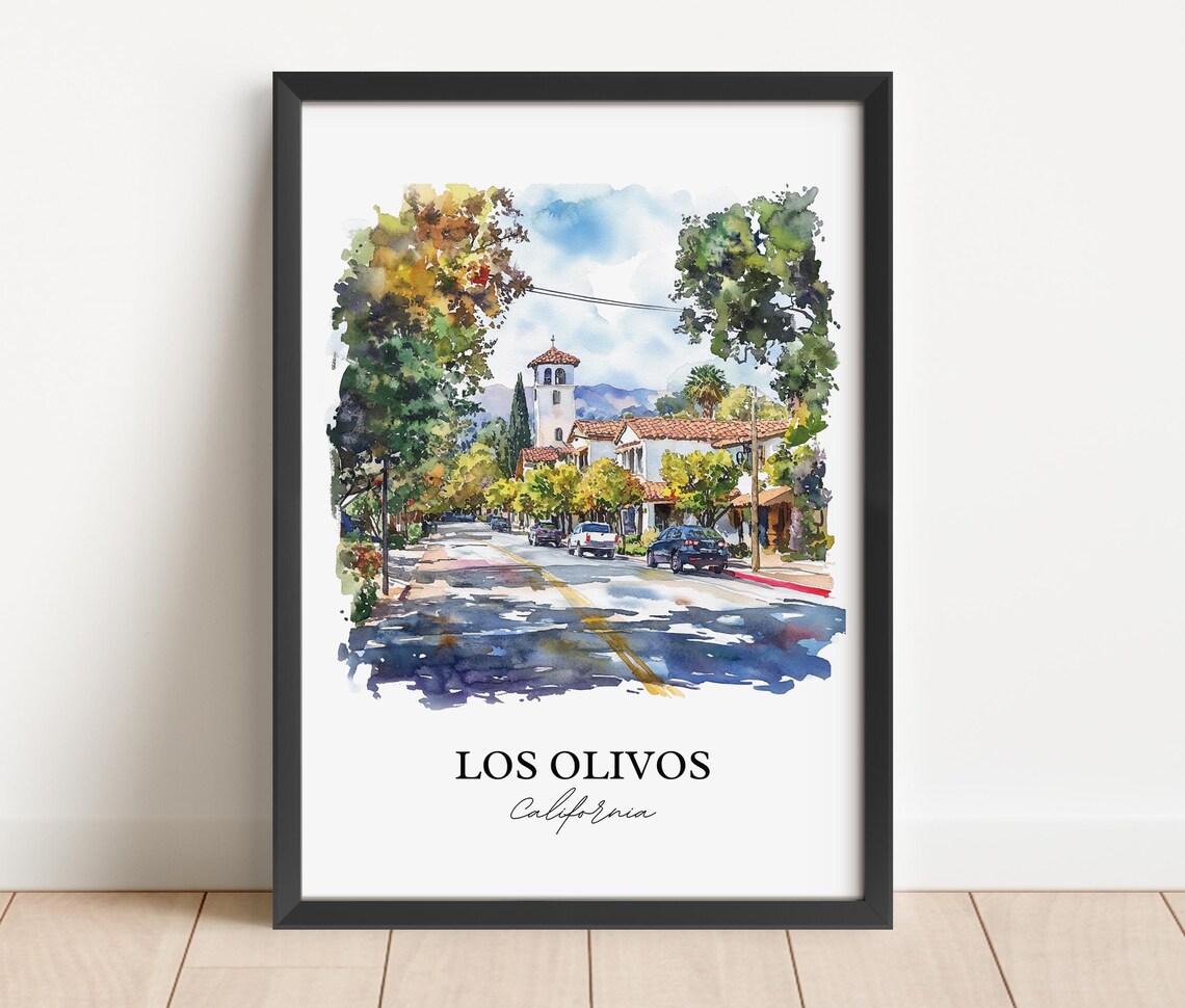 Los Olivos California Spanish Mission Street Watercolor Travel Poster - Image 2