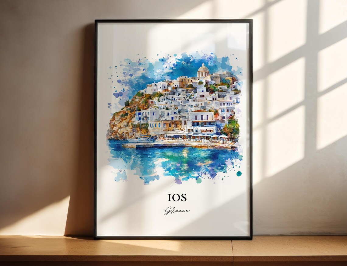 Ios Greece White Village Blue Harbor Watercolor Travel Poster