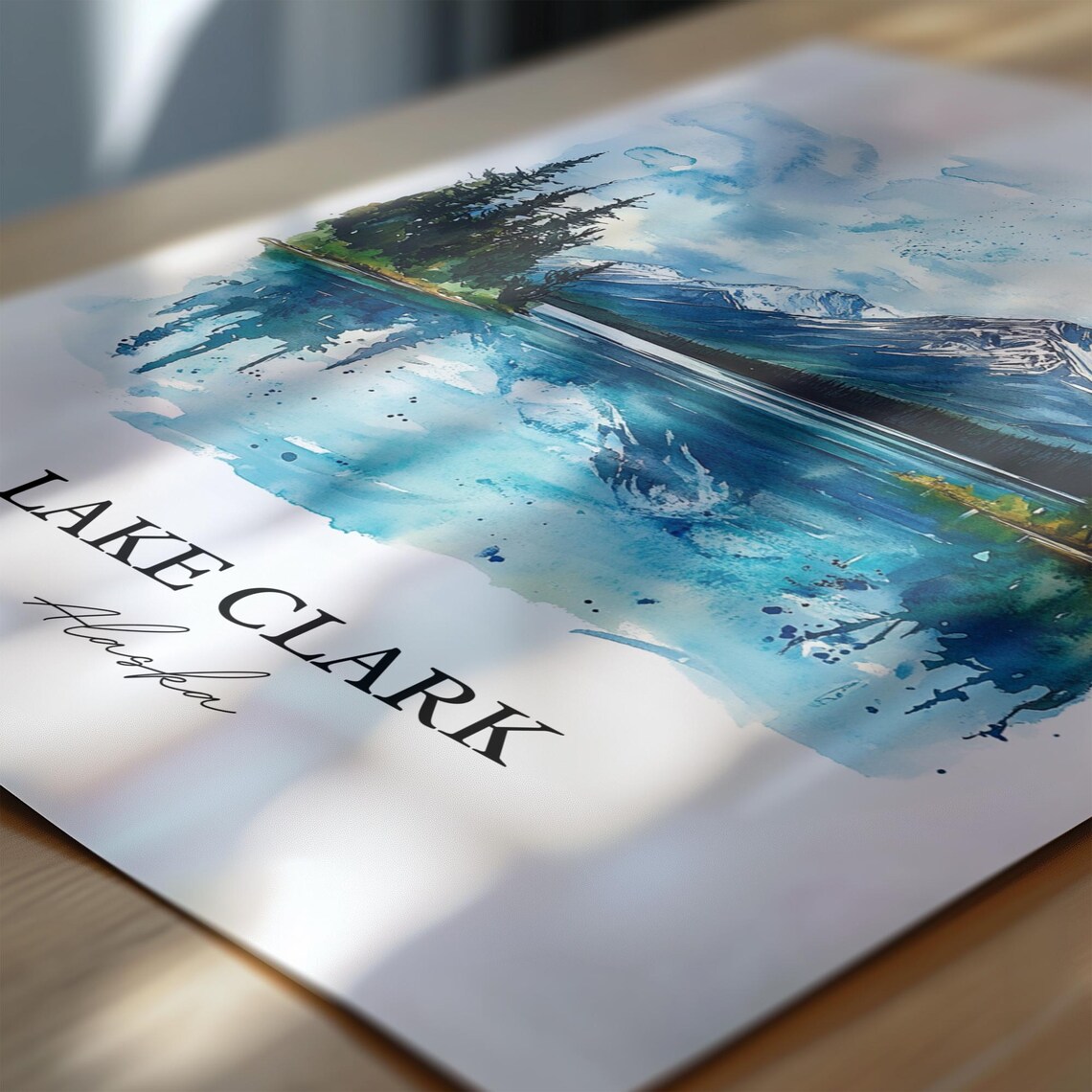 Lake Clark Alaska Mountain Lake Reflection Watercolor Travel Poster - Image 6