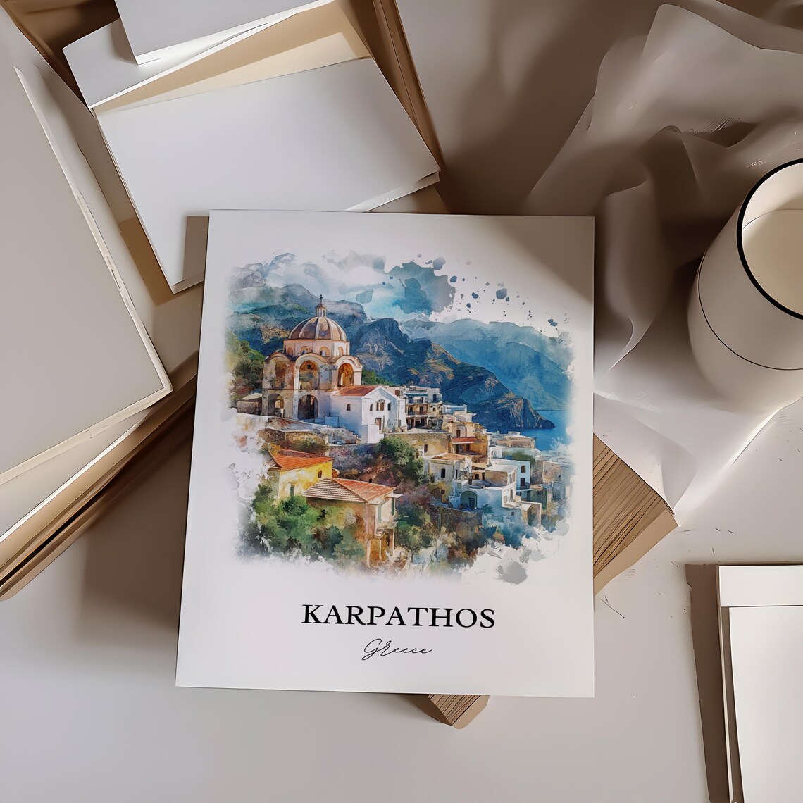 Karpathos Greece Island Church Village Watercolor Travel Poster - Image 3