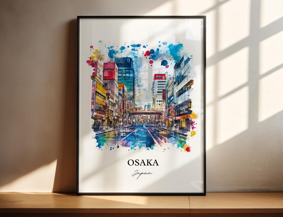 Osaka Japan Watercolor Neon City Street Nightlife Scene Poster