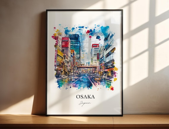 Osaka Japan Watercolor Neon City Street Nightlife Scene Poster