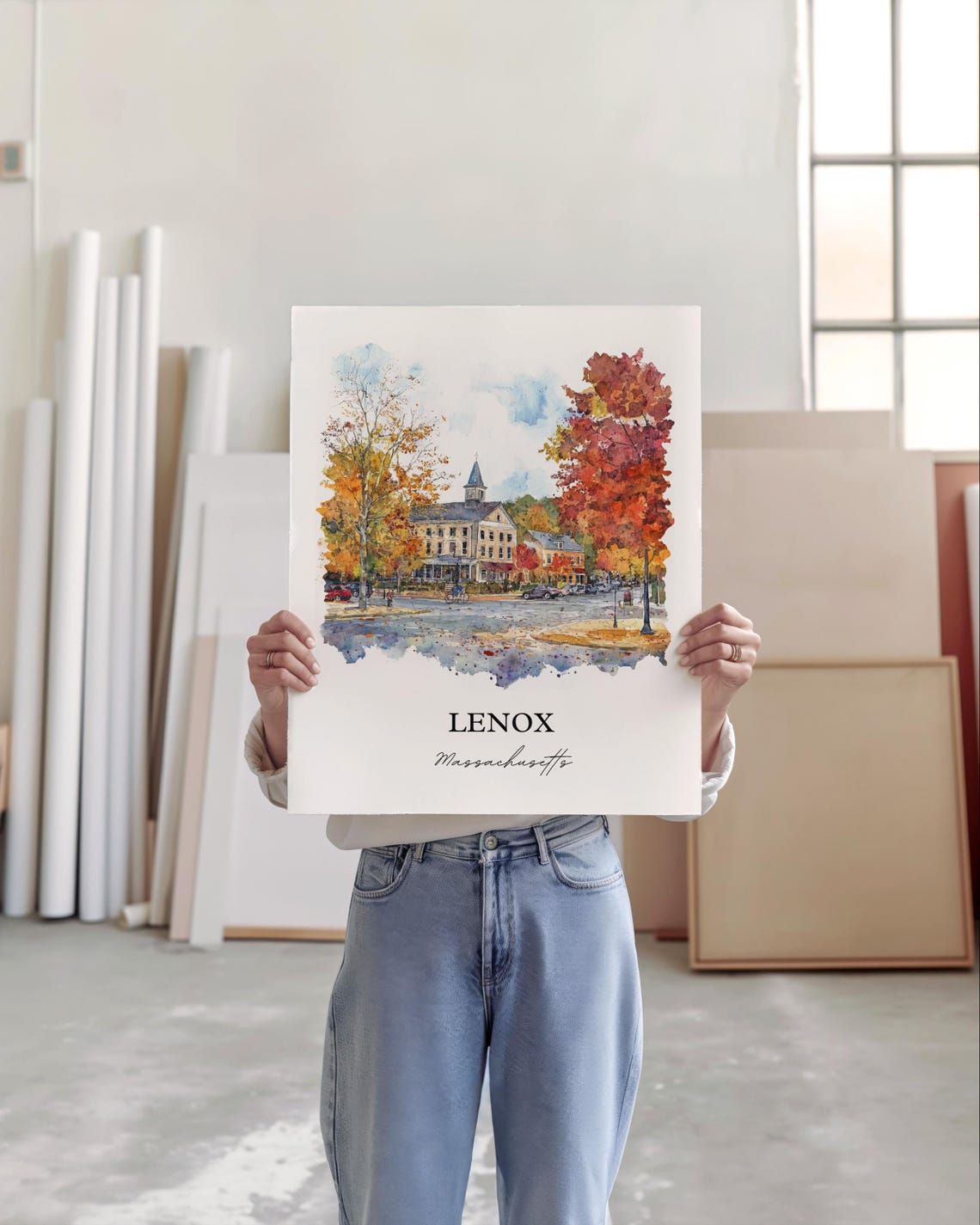 Lenox Massachusetts Watercolor Fall Town Square Scene Poster - Image 3