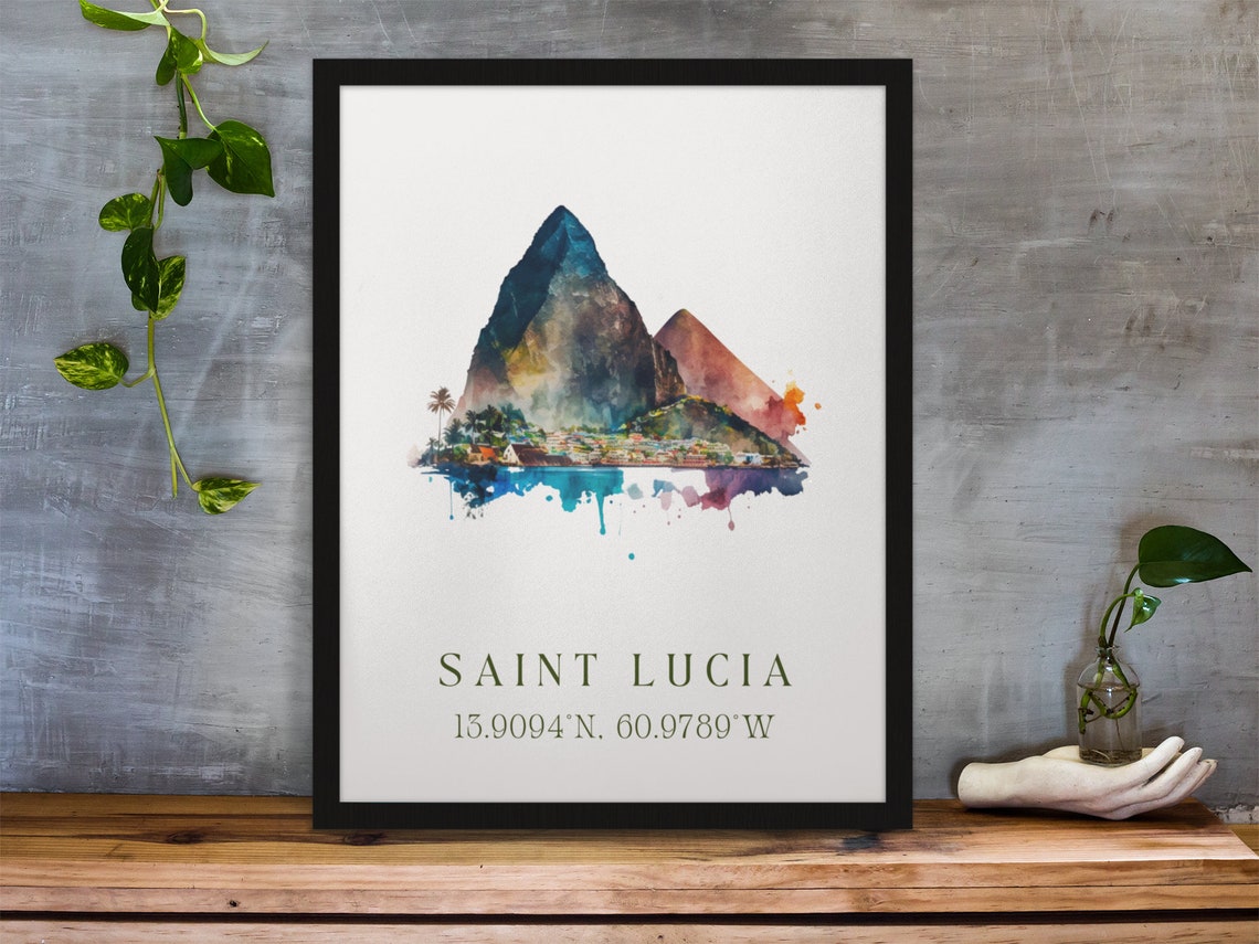 Saint Lucia Traditional Travel Art St Lucia Caribbean Poster Wedding Gift Birthday Present Custom Text Personalised Gift
